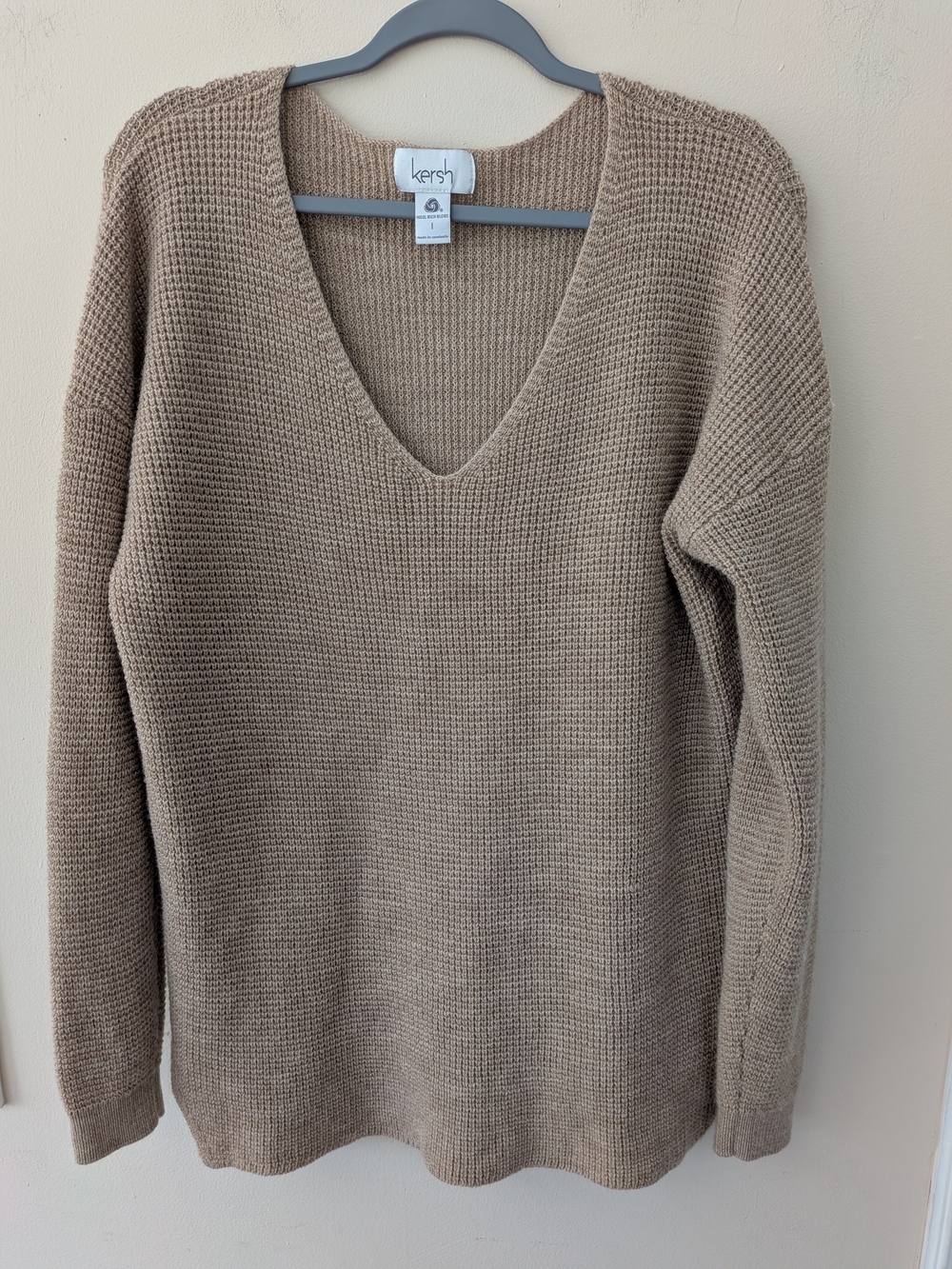 Kersh Women’s L Merino Wool Blend V Neck Waffle Knit Sweater Taupe Beige
